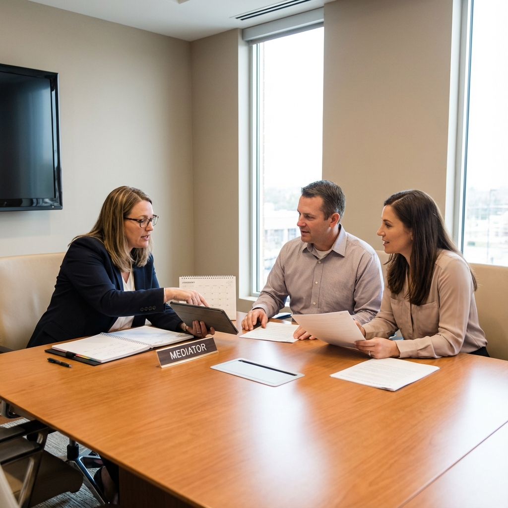 Parents in mediation discussing custody arrangements