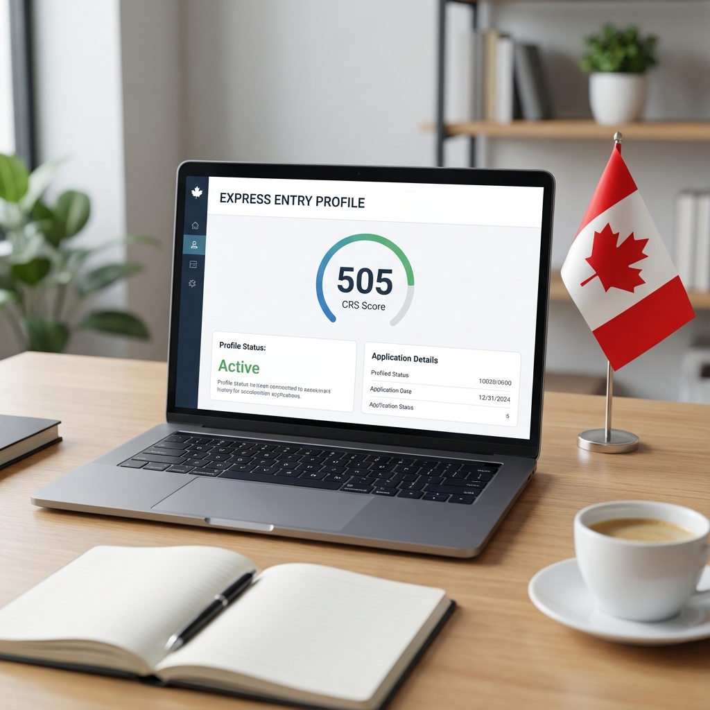 Express Entry profile dashboard showing CRS score